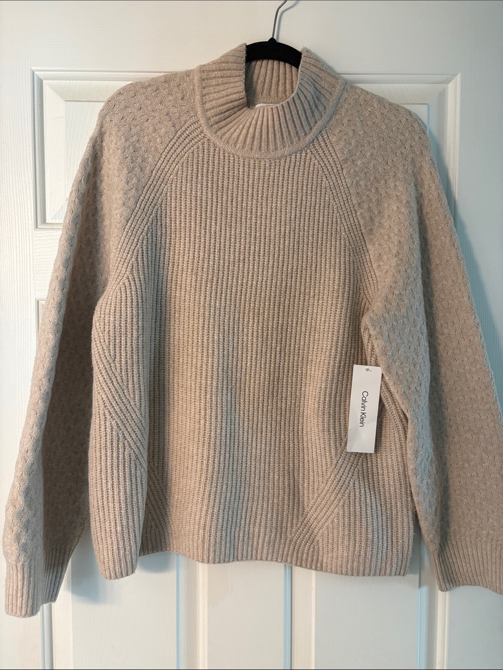NWT Calvin Klein Beige Cable & Ribbed Mock Neck Sweater, size large